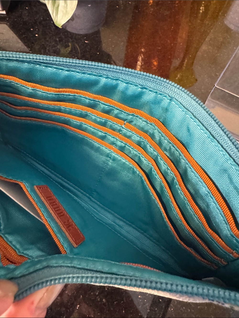 HOBO Blue Multi-Texture Wristlet Clutch with Yellow Accents - Picture 6 of 9